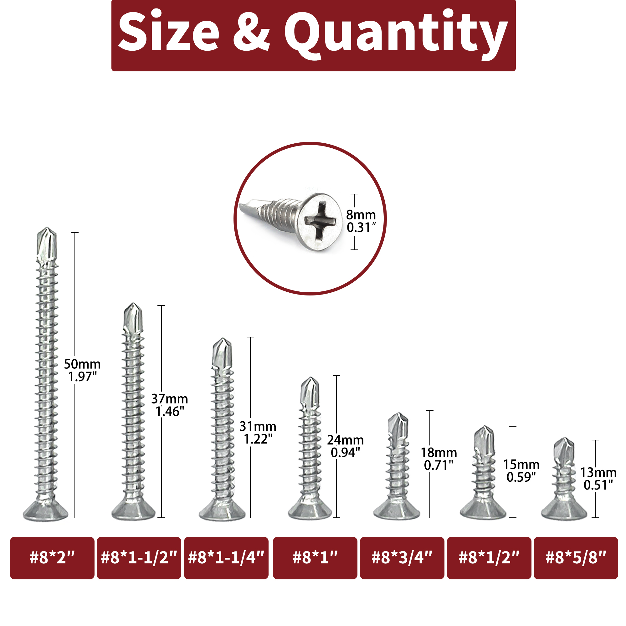 สกรูเกลียวปล่อย 50 ชิ้นสำหรับงานโลหะแผ่น - # 8 M4.2 410 สแตนเลสสตีล หัวแบน ความแข็งแรงสูง เจาะเร็ว