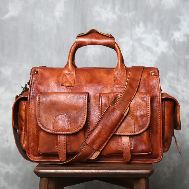 Górna warstwa teczki ze skóry bydlęcej męska torebka na jedno ramię typu crossbody pozioma konstrukcja Retro ręczna torba na komputer garbowana roślinnie