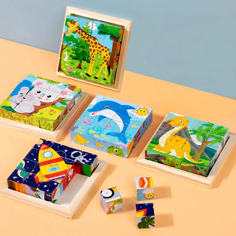 Kleuterschool Educatief Speelgoed Ambachten Cartoon Zeszijdige Houten Puzzelblokken Set Bijpassende Dieren Blokken Vroeg Onderwijs