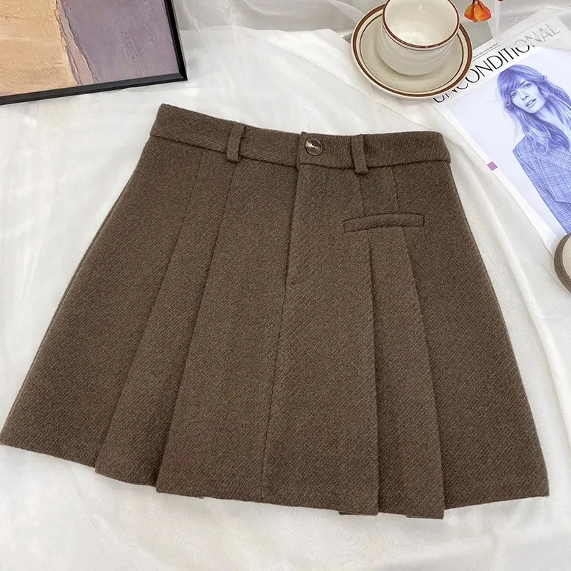 Faldas plisadas Vintage Y2K para mujer, faldas de baile de lana Preppy de cintura alta para otoño e invierno, minifaldas coreanas lisas que combinan con todo