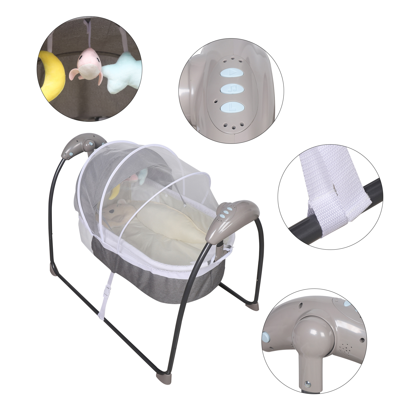 Tragbarer elektrischer Babywippe mit Fernbedienung, automatische Schaukel, intelligente Schaukelwiege, 5-Gang-Schaukel mit drei Modi (grau)