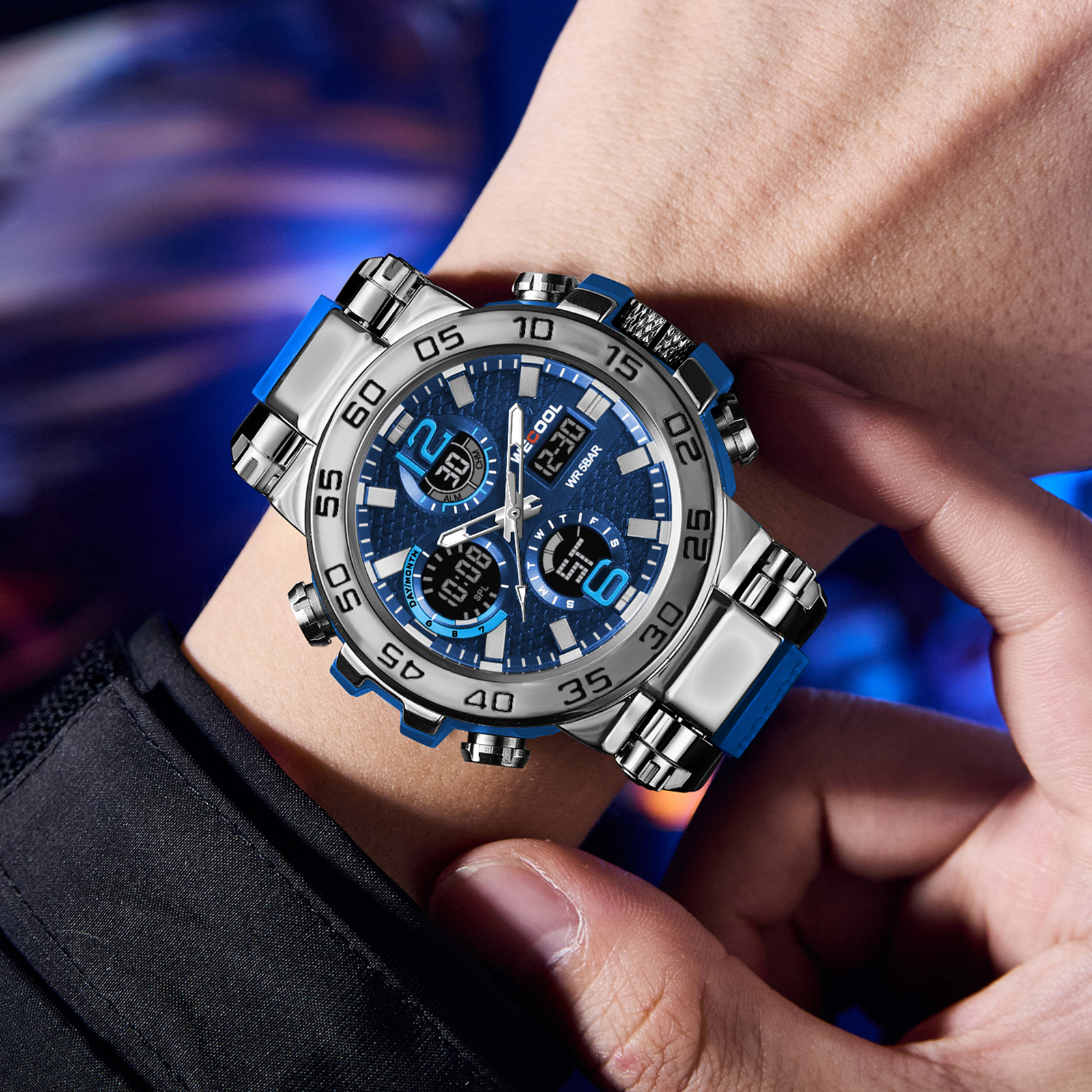 WECOOL merk dubbel display digitaal W-822 50M waterdichte wekker lichtgevend horloge voor mannen