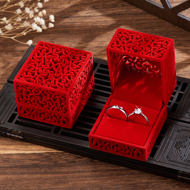 Caja de anillo de terciopelo rojo hueco para pareja, caja doble para guardar anillos, regalo de compromiso de boda, organizador de joyas, cajas de embalaje, nuevo