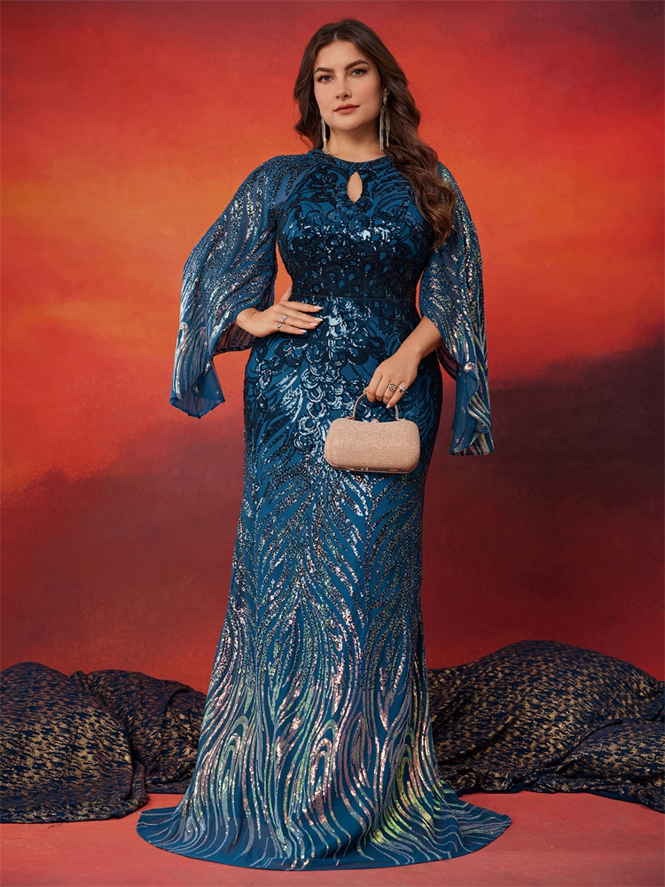 Lucyinlove, vestido de noche azul elegante de talla grande con lentejuelas y mangas largas, vestidos de cóctel formales de lujo hasta el suelo para fiesta y graduación