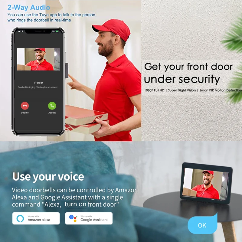 Intercomunicador con cámara IP para el hogar, dispositivo de videoportero con protocolo Wifi H.265, 1080P, compatible con Alexa, bloqueo de puerta, Control remoto, desbloqueo RJ45 a POE, compatible con la aplicación Tuya