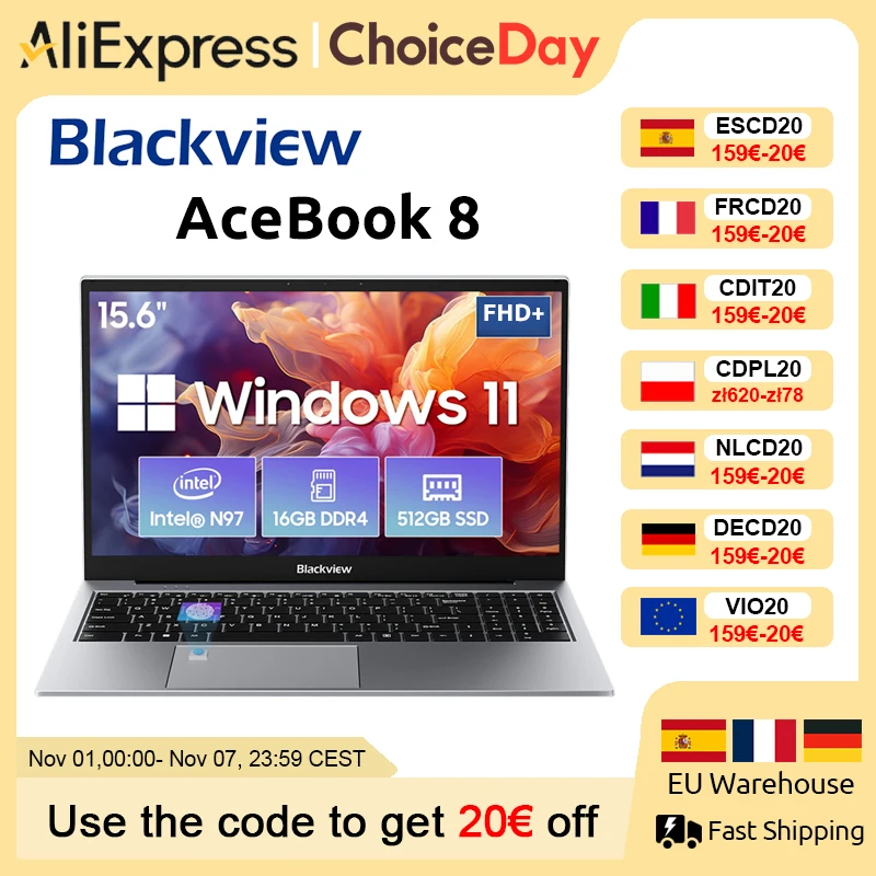 Blackview-Ordinateur portable AcePle8, 15.6 pouces, 12e génération, Intel Alder Lake N97, 16 Go de RAM, 512 Go de SSD + extension jusqu'à 1 To, Windows 11 Home 15.6