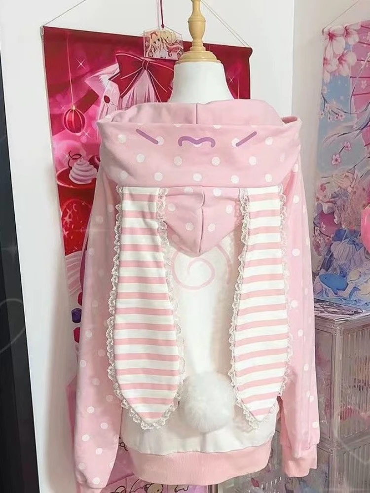 Casacos doces japoneses y2k roupas com capuz feminino topos outono e inverno cor correspondência emenda com grosso veludo cardigan jaquetas