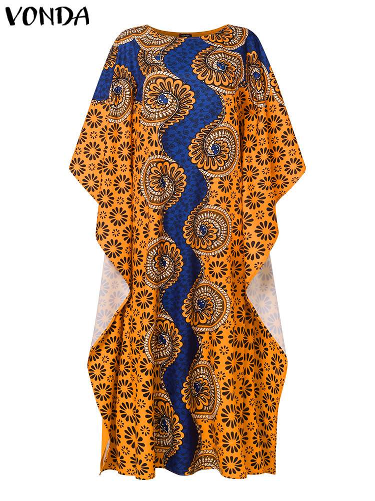 Vonda-ヴィンテージマキシドレス,女性用,3/4袖,カジュアル,ルーズ,ボヘミアン,フローラルプリント,ロング,サンドレス,バケーションドレス,ラージサイズ,5xl,夏