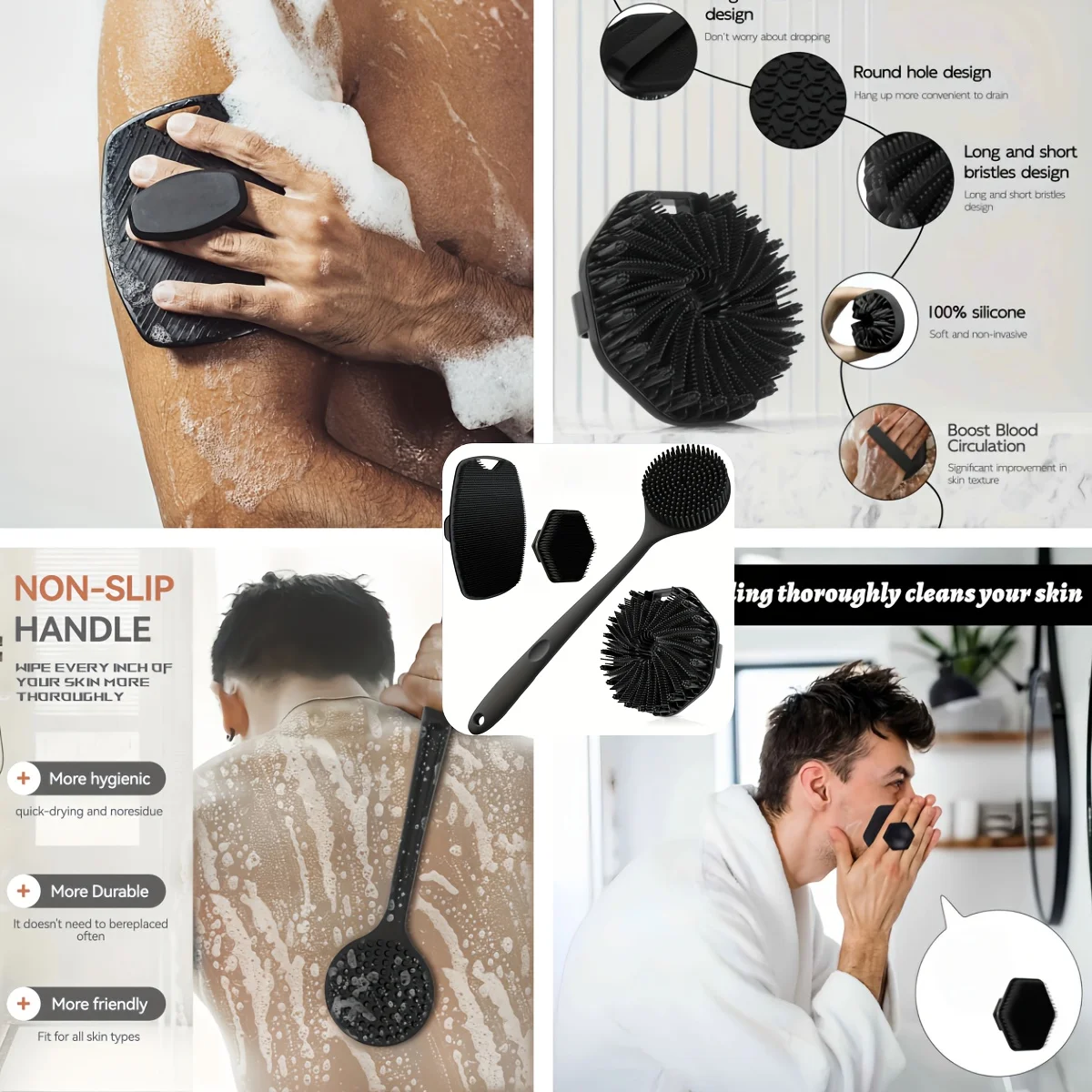 4-teiliges Badebürsten-Set. Weiche Silikon-Badebürste mit rutschfestem Griff, leicht zu reinigen und zu spülen, perfekt für den Einsatz im Bad
