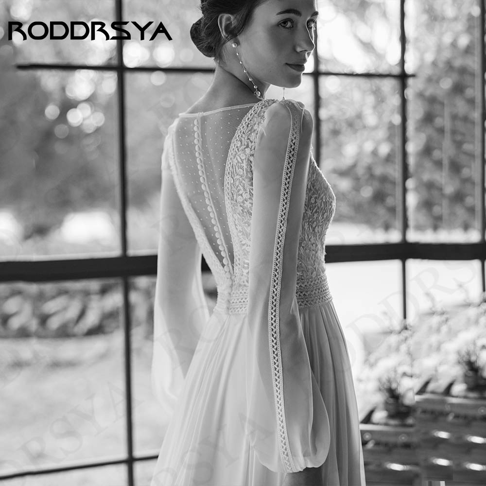 RODDRSYA-Robe de Mariée Bohème en Mousseline de Soie pour Femme Tenue Éducative Manches sulf Dentelle Appliques Ligne A Personnalisée Robes de mariée de style bohème pour les femmes Mousseline de soie manches longues d