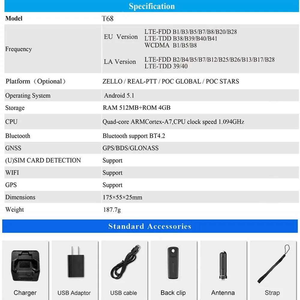 ANYSECU T68 Android 5.1 4G Network Radio With WIFI GPS POC Radio Compatible with Zello or Real-ptt