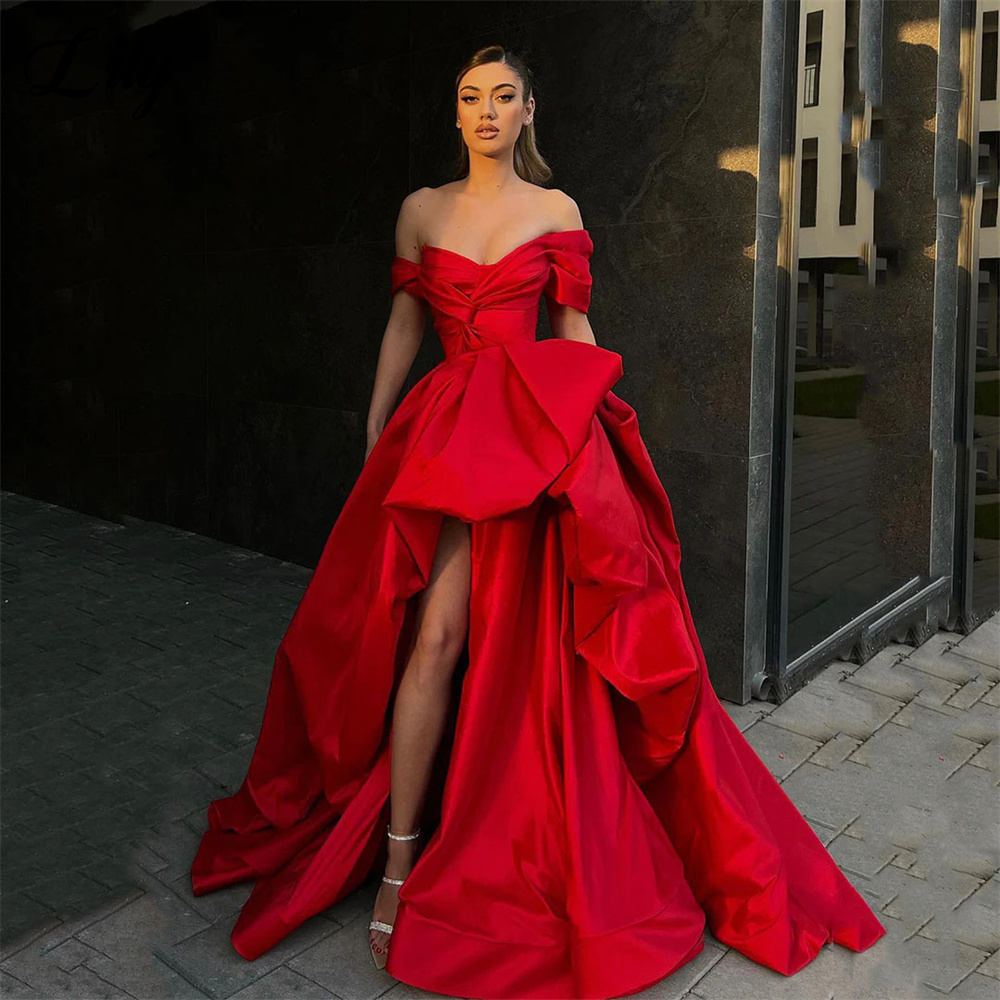 Lily Red Off the Shoulder Prom Dress Side High Split A Line Evening Dress Stain Pleat V-Neck Formal Occasion Dresses Customized