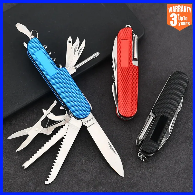 Cuchillo multiusos 11 en 1, multiherramientas, cuchillo plegable de acero inoxidable, mango de madera, llavero para exteriores, herramientas para cuchillos de bolsillo