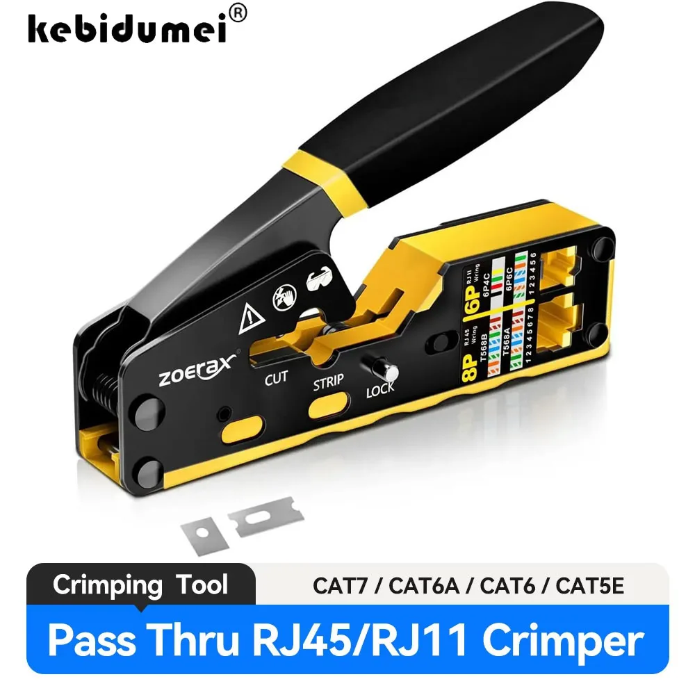 Обжимной инструмент RJ45 Проходной обжимной инструмент Ethernet для разъемов RJ45 Cat6 Cat5 Cat5e со сменным лезвием