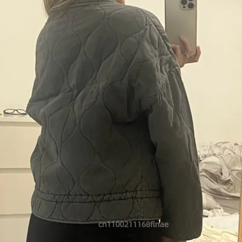 Jaqueta de algodão estilo europeu e americano com gola alta e bolsos soltos, jaqueta de algodão com grade de diamante para mulheres