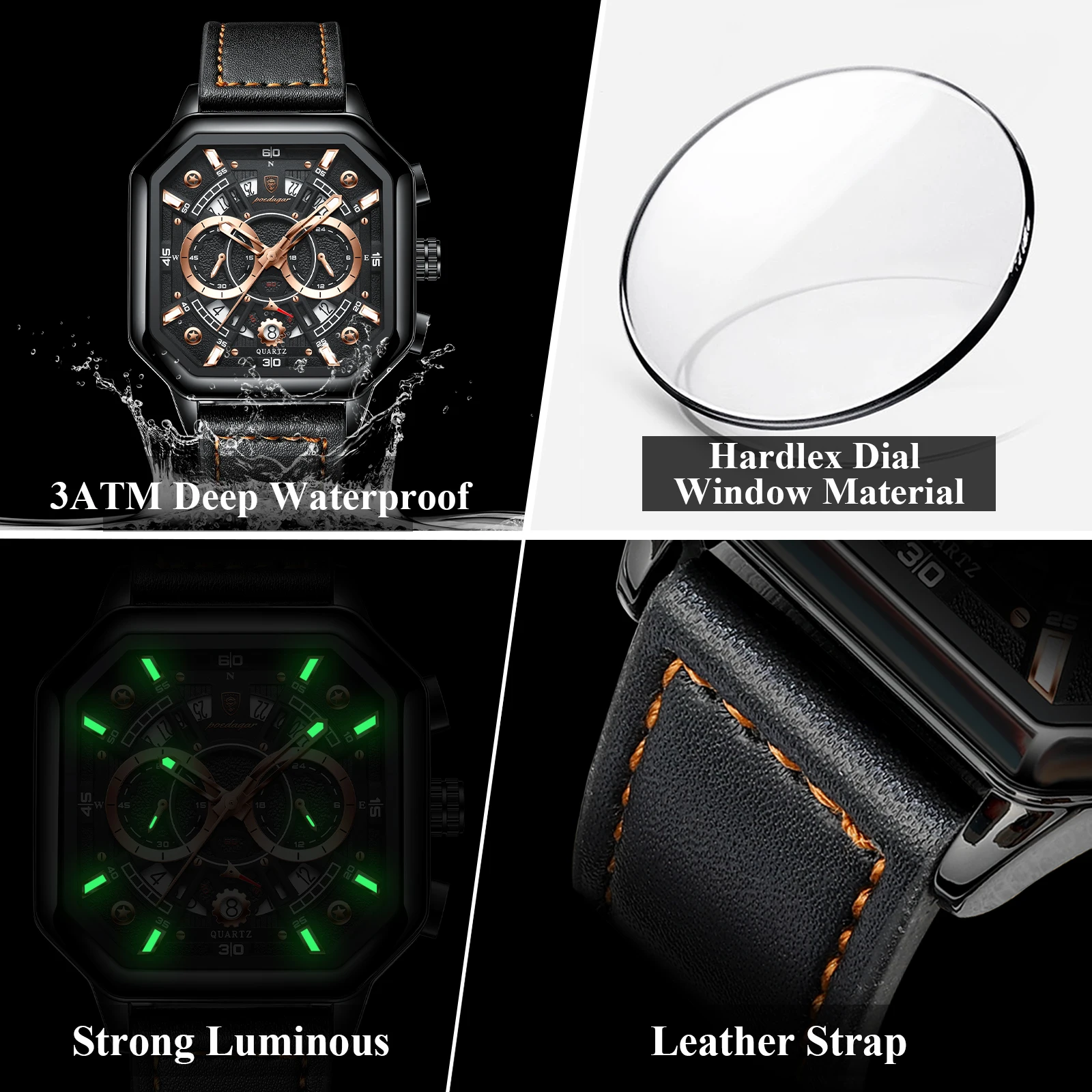POEDAGAR, Reloj cuadrado con cronógrafo de lujo para Hombre, Reloj luminoso resistente al agua con fecha para Hombre, relojes deportivos de cuero para Hombre, Reloj de cuarzo para Hombre