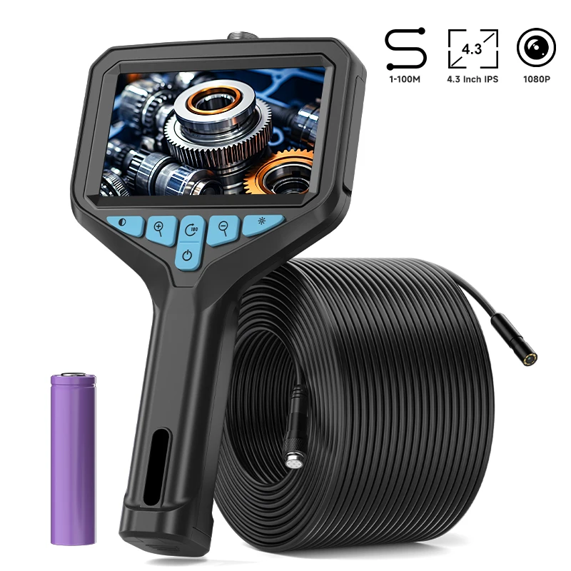 Câmera endoscópica industrial, tela ips de 4.3 polegadas, 2-100m, hd1080p, 8mm, sonda, inspeção de esgoto, boroscópio, à prova d'água, led 2600mah