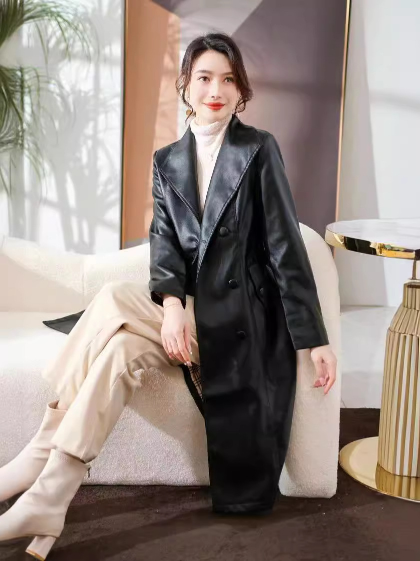 女性用本革トレンチコート,膝上の羊,長い中国製,秋冬用,新しい,2024