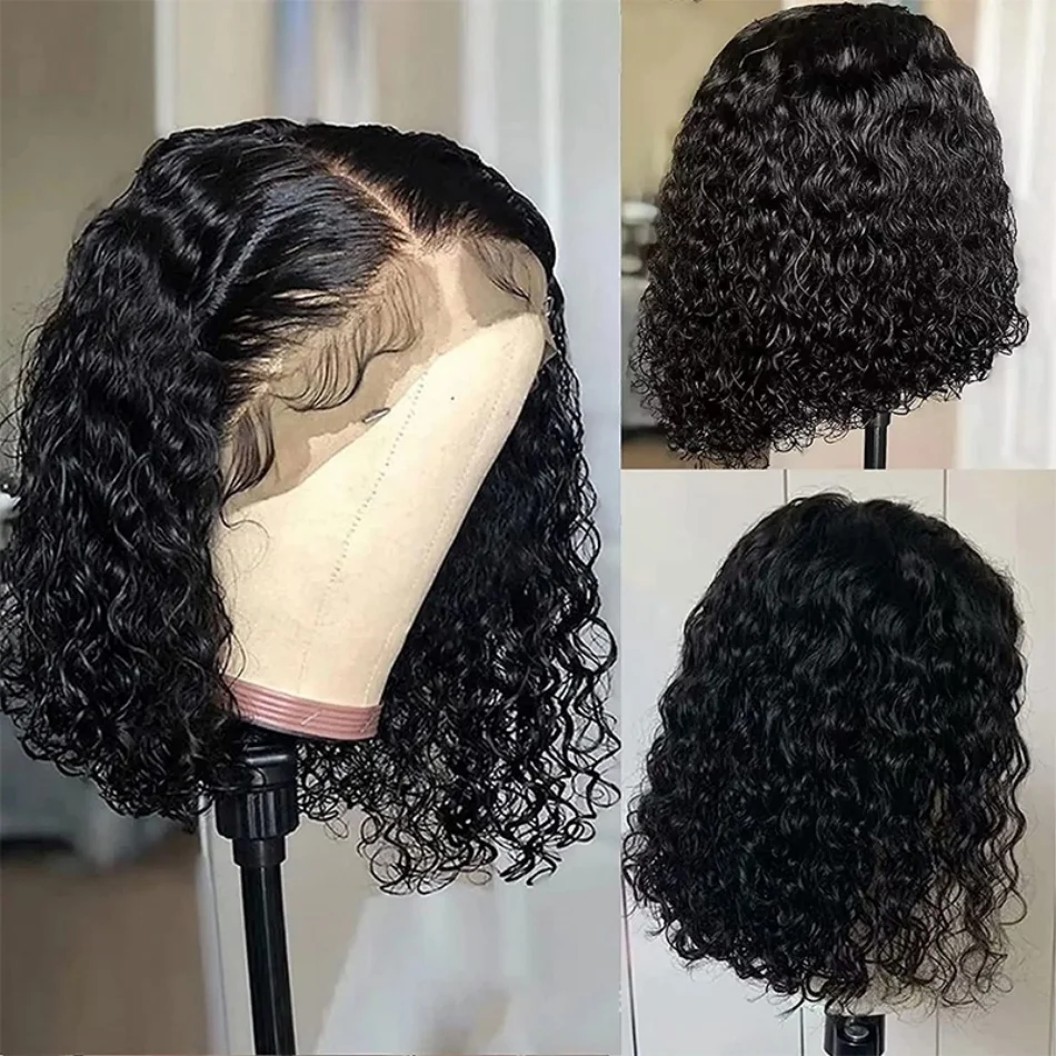 Pelucas de Bob corto rizado 13 × 4 cabello humano Frontal de encaje prearrancado 100% cabello humano onda profunda 4x4 peluca Bob con cierre Frontal de encaje para mujeres