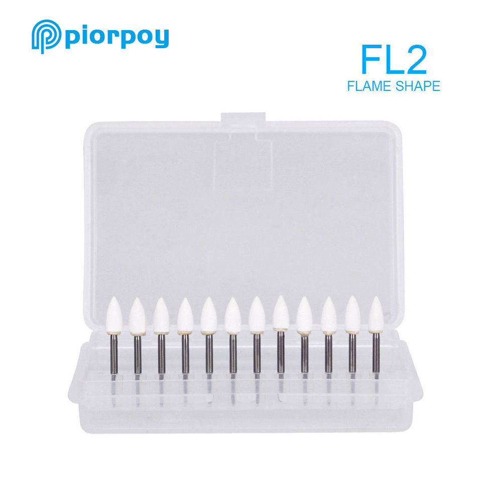 PIORPOY 12 Pcs/Box Dental Polishing Stone White Dentistry Tools Flame Cone Round Shape Porcelain Resin For Handpiece Burs FG