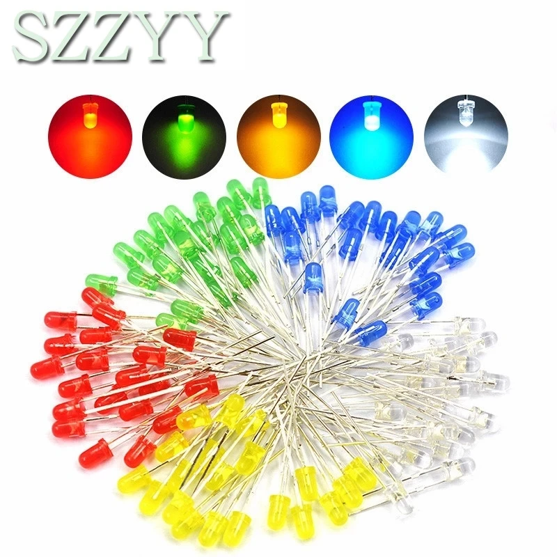 100 unids/lote 3mm 5mm LED rojo verde amarillo azul blanco F3 F5