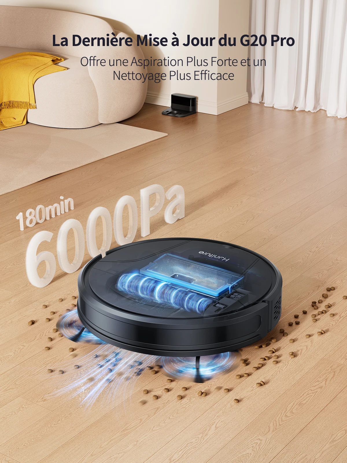 Honiture Aspirateur robot 6000Pa aspiration de bain 3 en 1, application d'auto-chargement, télécommande et voix,
