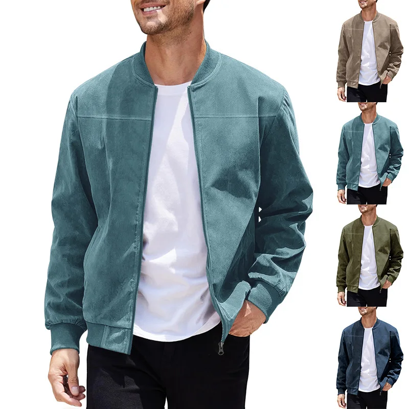 Jaqueta monocromática de camurça masculina, cardigã casual, manga longa, vintage, amazona