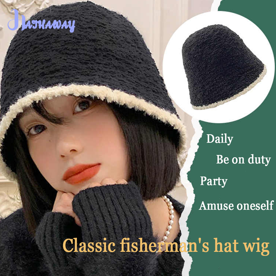 Chapéu de lã curta feminino, Chapéu de pescador, Sintético, Explosões com cabelo, Natural, Cabeça cheia, Roupa diária, Moda