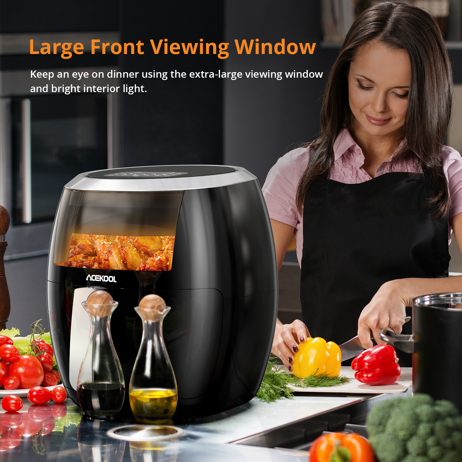 Heißluftfritteuse, 8QT Airfryer-Ofen mit Sichtfenster, ölfreier Herd mit Digitalanzeige, 8 Kochvoreinstellungen, spülmaschinenfest, Schwarz