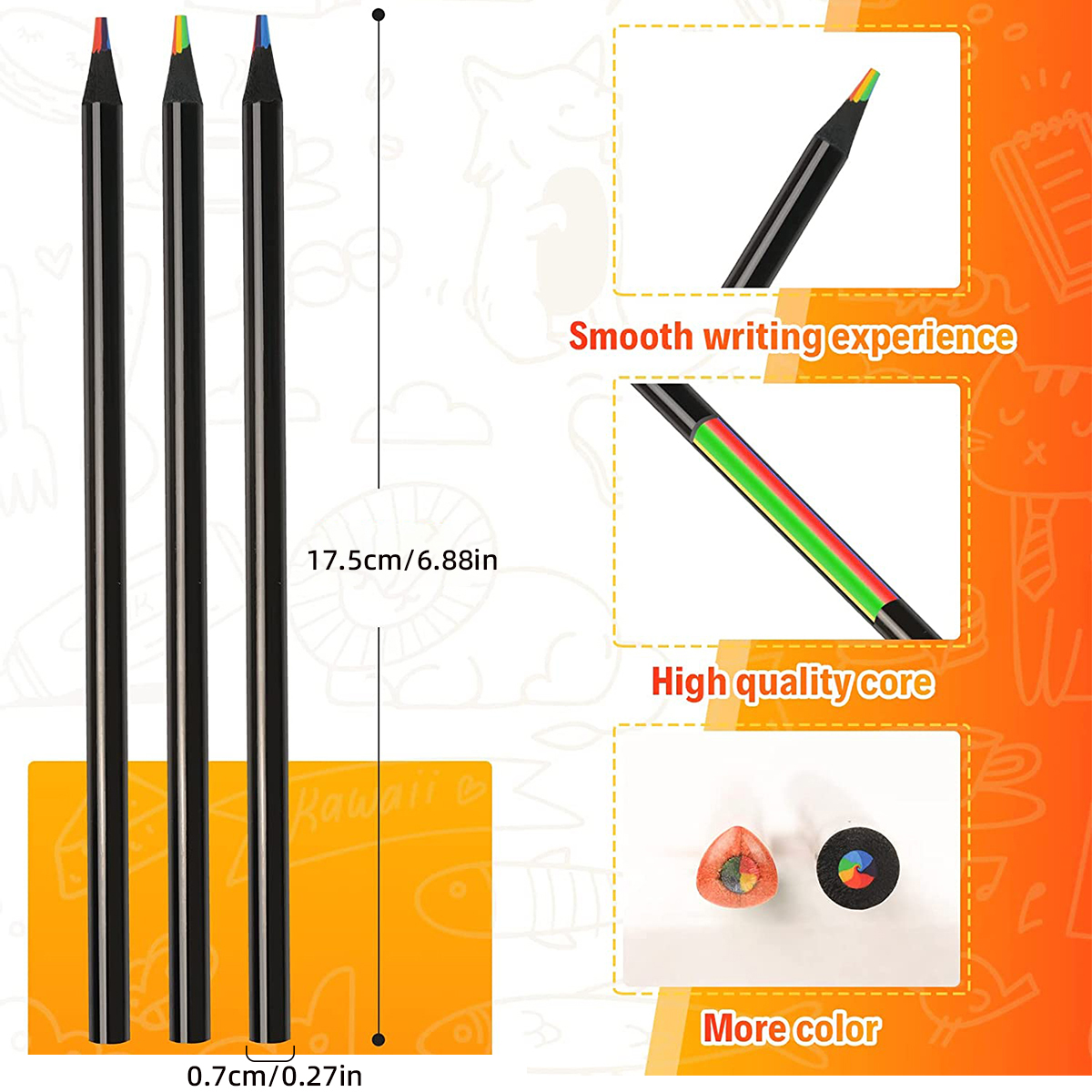 ดินสอไม้สีดํา 10 ชิ้น, ดินสอวาดภาพสายรุ้ง 7 in 1 สําหรับการร่าง การเรียงลําดับเส้นเล็ก การระบายสี การวาดภาพ