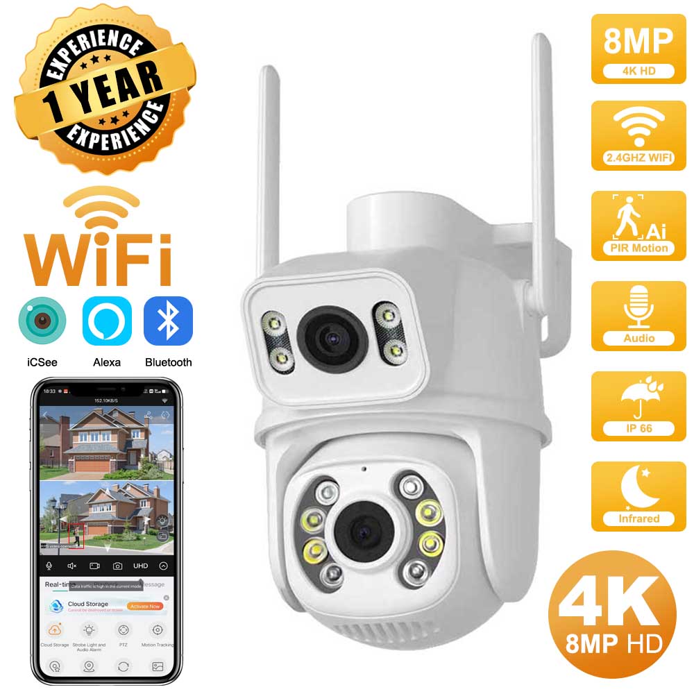 4K 8MP HD Dual Lens Outdoor Wireless Security IP Camera External Wifi PTZ Camera Auto Tracking Street Surveillance Camera iCsee