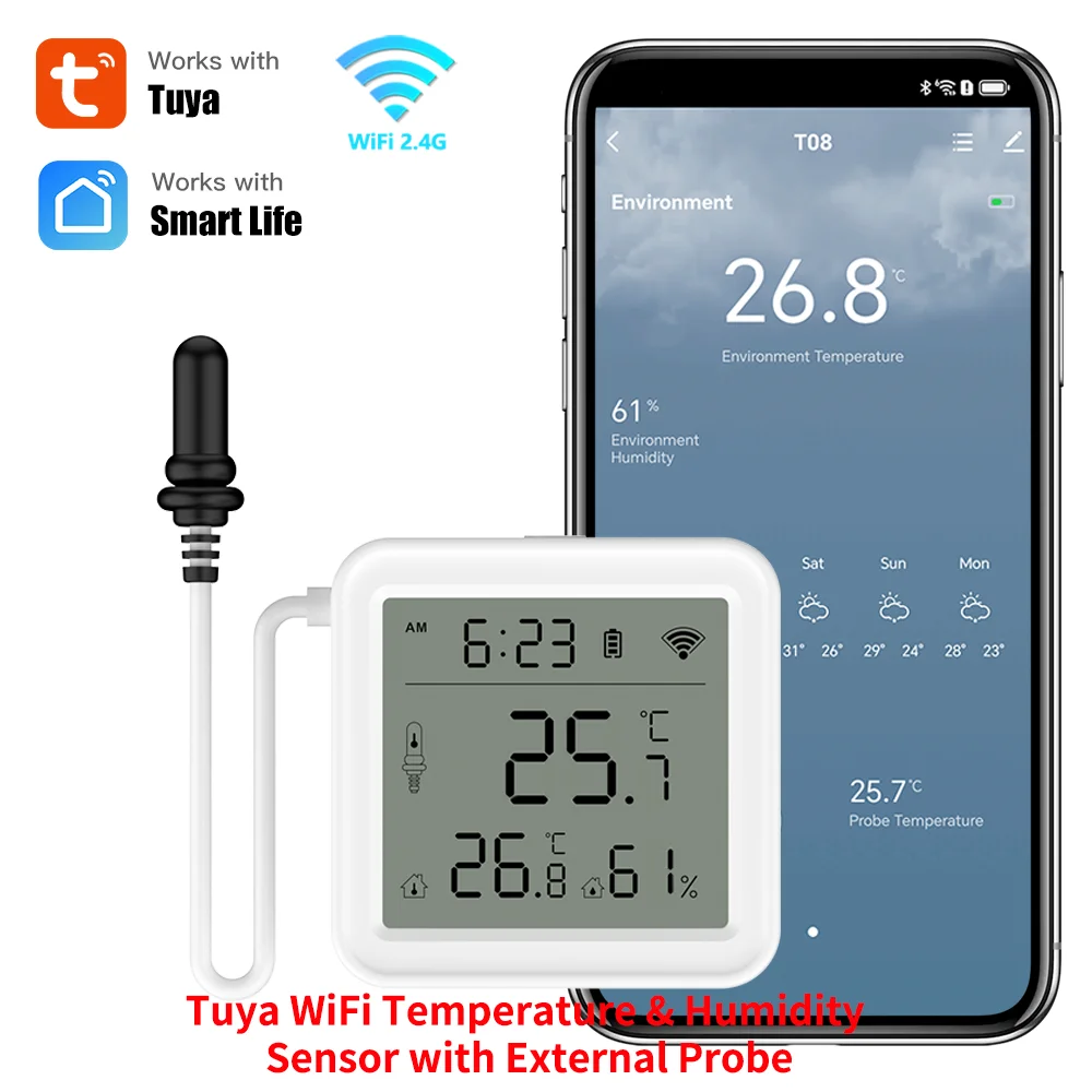 Sensor de temperatura y humedad WiFi Tuya con sonda externa para higrómetro doméstico inteligente, monitoreo por aplicación para plantas, acuario, bodega