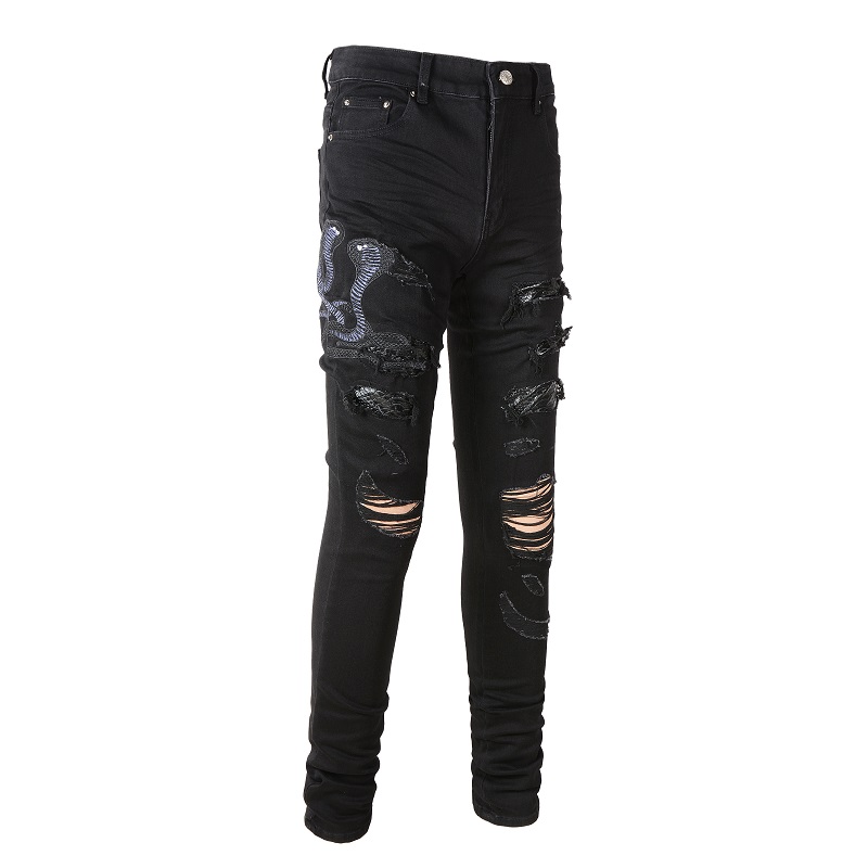 Jean brodé serpent pour hommes, pantalon en Denim extensible, slim, conique, trous, Patch en cuir déchiré, Patchwork, noir