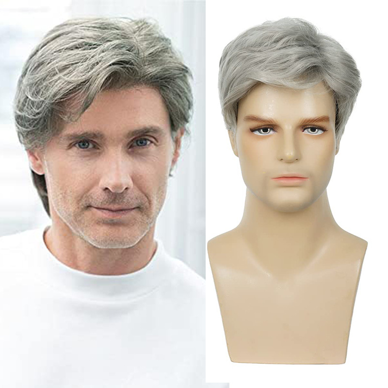Sylhair homens perucas curtas prata cinza peruca masculina curto em camadas cosplay traje festa sintético resistente ao calor cabelo natural