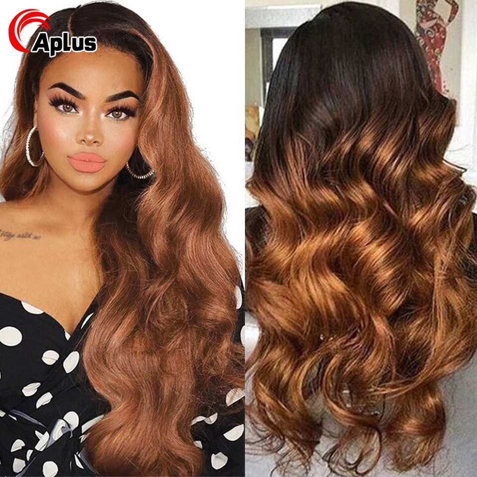 Peruca frontal de renda HD para mulheres, perucas de onda corporal, peruca de destaque, louro mel, ombre, cabelo humano colorido, 1b, 27