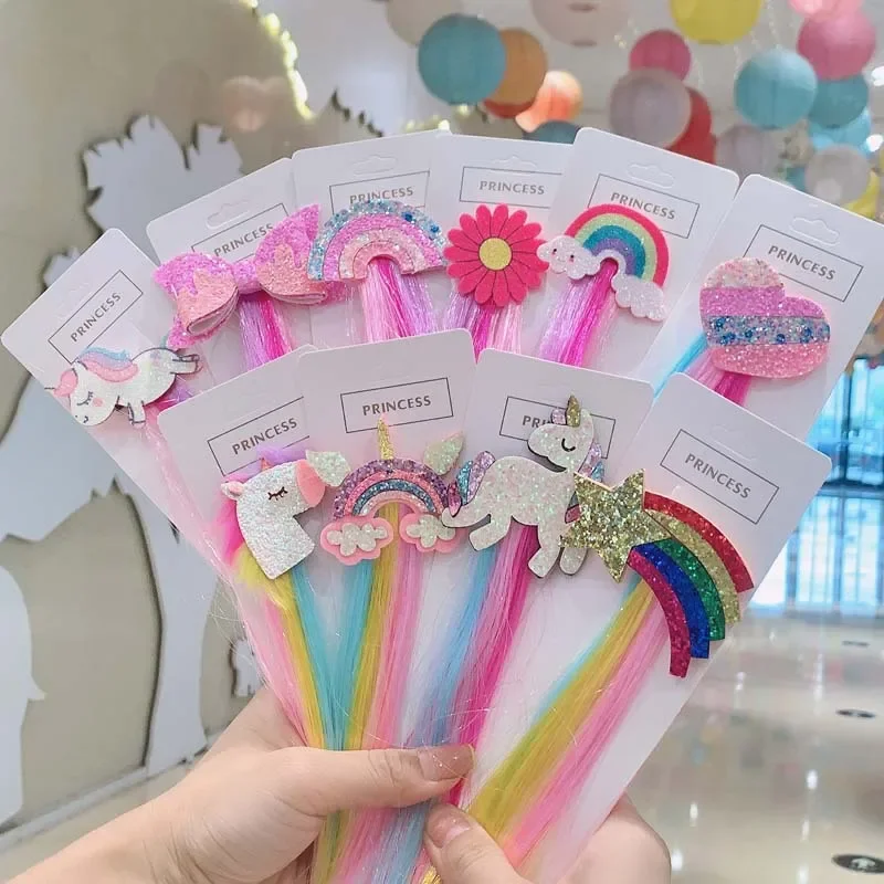 Arcos headbands princesa faixas de cabelo laços meninas perucas coloridas unicórnio rabo de cavalo grampos de cabelo trança crianças presente acessórios