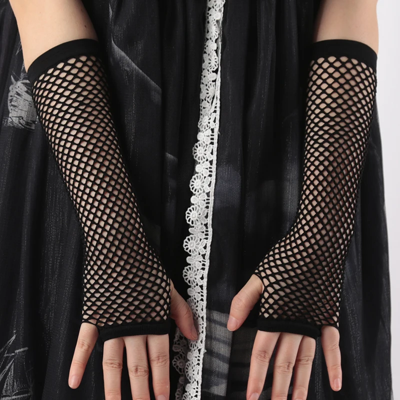 새로운 검은 Fishnet 핑거리스 긴 고딕 장갑 다리 팔 커프 파티 착용 멋진 여성 장갑 코스프레 Darkly Ninja Mitten