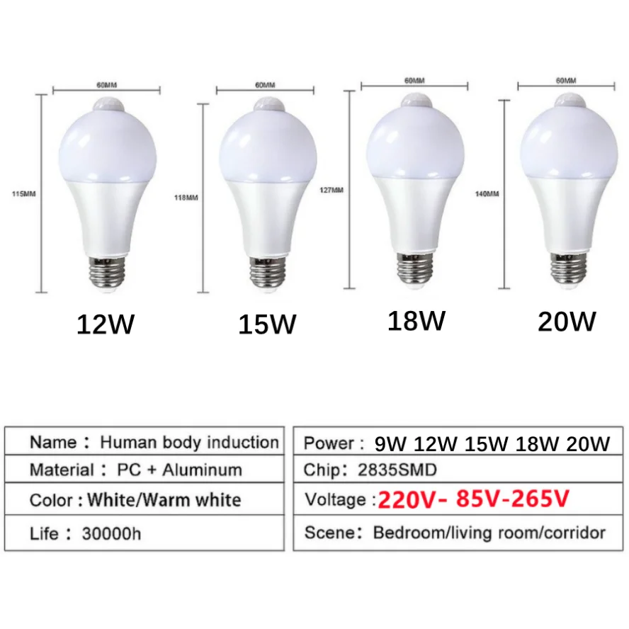 Bombilla LED con Sensor de movimiento E27 20W AC220V, lámpara LED con Sensor PIR, luz nocturna led de encendido/apagado automático para iluminación de estacionamiento del hogar AC85V-265V