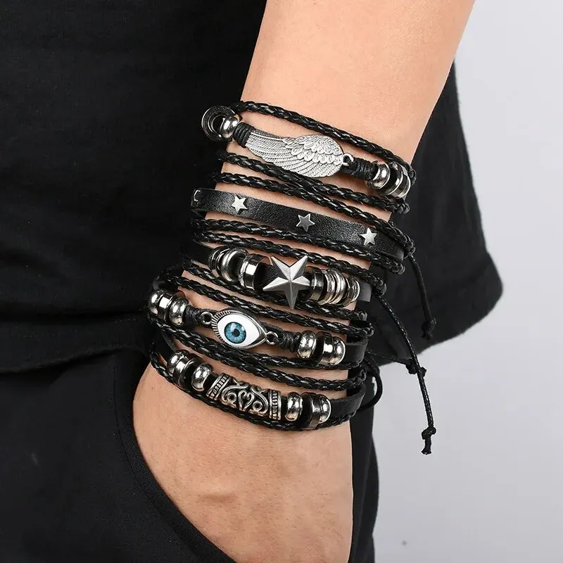 5 peças conjunto de pulseira estilo punk trançado com estrela de asa de mau olhado diy, com couro pu e contas