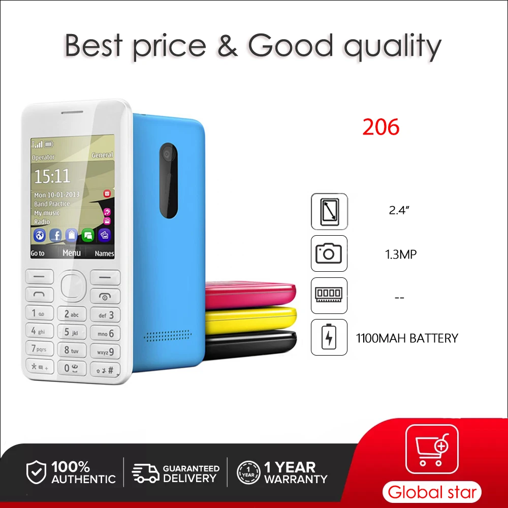 Unlocked 206 2G 2060 Dual SIM Mobile Cell Phone Russian Arabic Hebrew English Keyboard Made in Finland Unlocked Free shipping