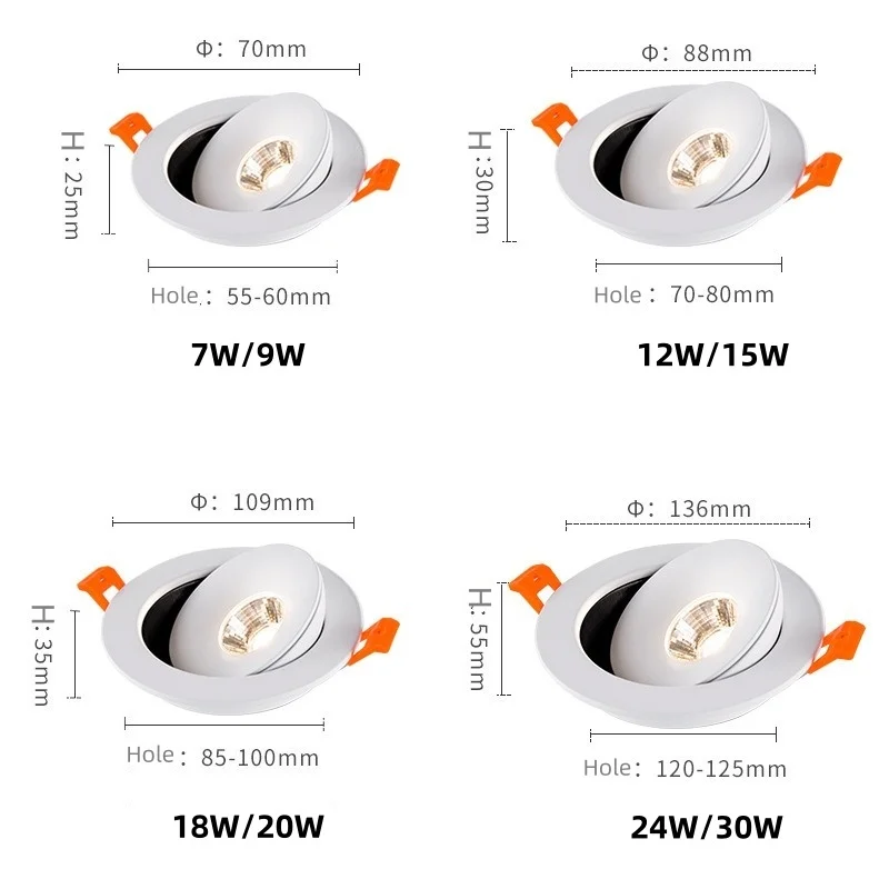 Spot Led Downlight Lámpara empotrable de techo regulable blanco negro interior 360 °   Salón ajustable