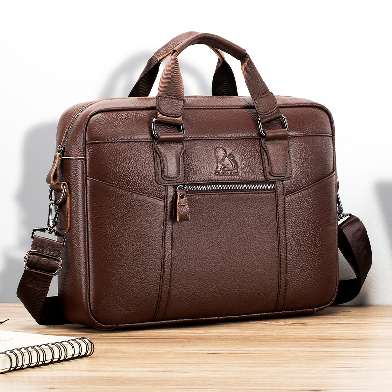 Leren aktetas voor heren, computerhandtas van koeienhuid, crossbody zakelijke tas met grote capaciteit, bagageriem aan de achterkant