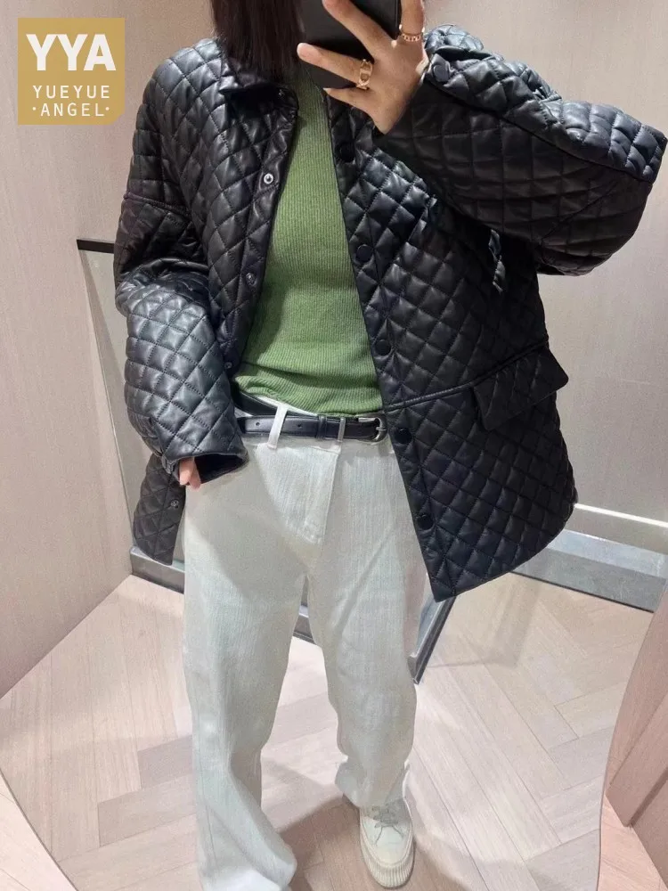 Neue Winter Echtes Leder Frauen Jacke Langarm Einreiher Revers Casual Oberbekleidung Diamant Gitter Gepolsterte Schaffell Mantel