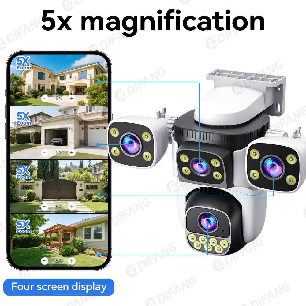 Cámara WiFi de seguridad para el hogar de cuatro pantallas 10K 20MP 360 °   Cámara de vídeo de protección de seguridad IP de vigilancia inalámbrica CCTV con zoom PTZ 5X