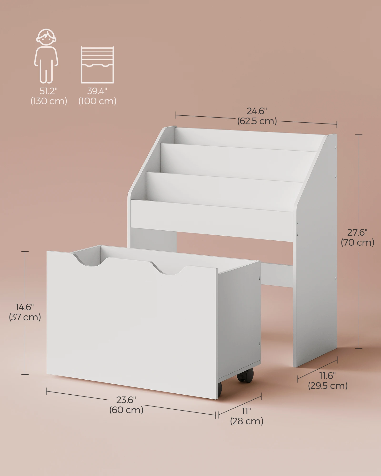 SONGMICS Kids Bookshelf and Toy Organizer, Toy Storage Chest and Bookcase with 3 Shelves, Storage Box with Wheels, Multipurpose