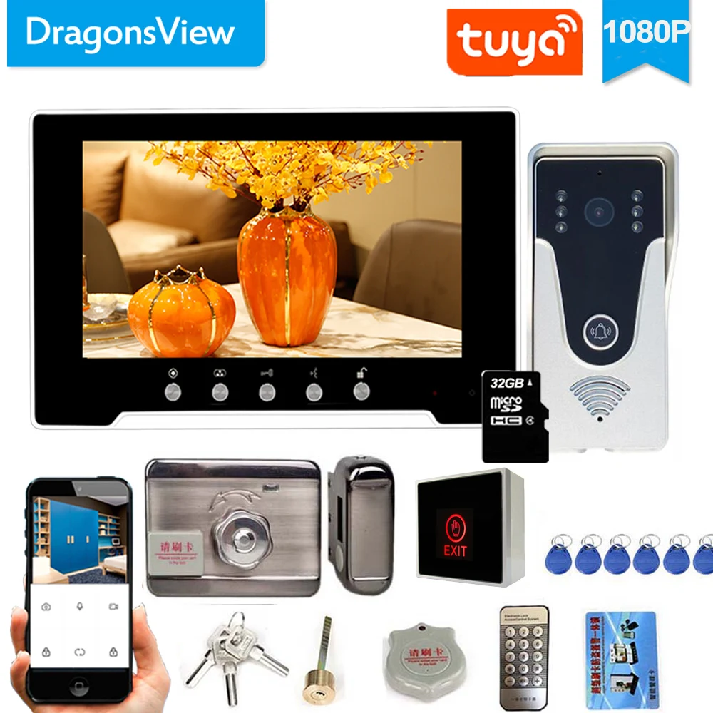 Dragonsview-videoportero Wifi de 7 pulgadas con cerradura, sistema de intercomunicación inalámbrico para puerta, timbre de desbloqueo con grabación de cámara