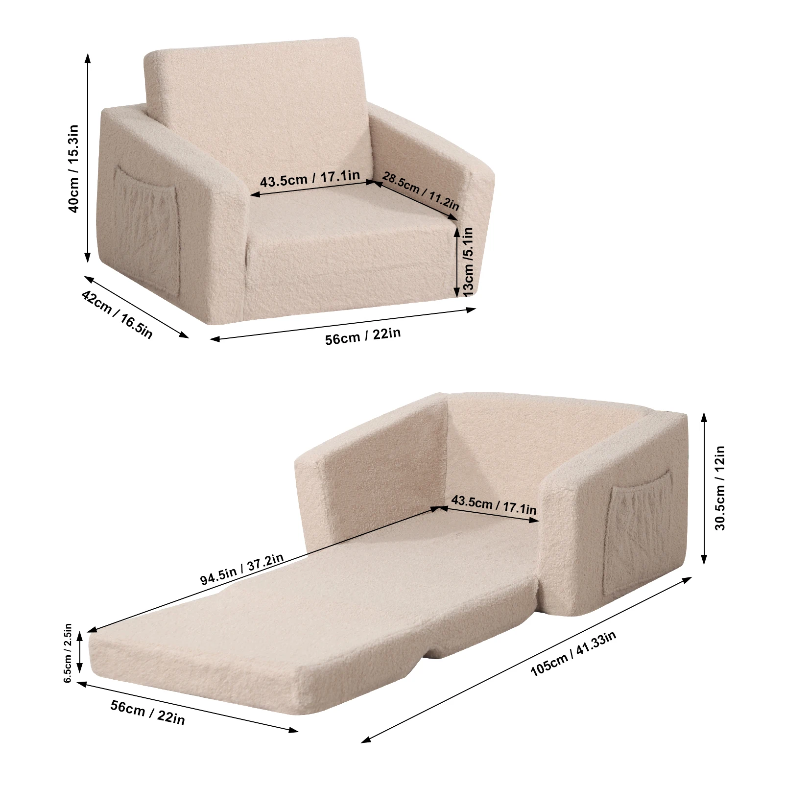 Sofá dobrável infantil, cadeira de descanso para assento infantil com capa sherp, espuma 2 em 1 sofá pequeno conversível para crianças pequenas
