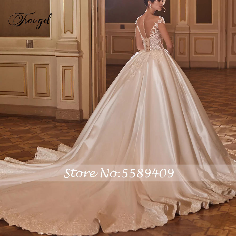 Maßgeschneiderte Sexy Illusion Matte Satin Vintage Ballkleid Brautkleider Exquisite Applikationen Perlen Hofschleppe Brautkleid