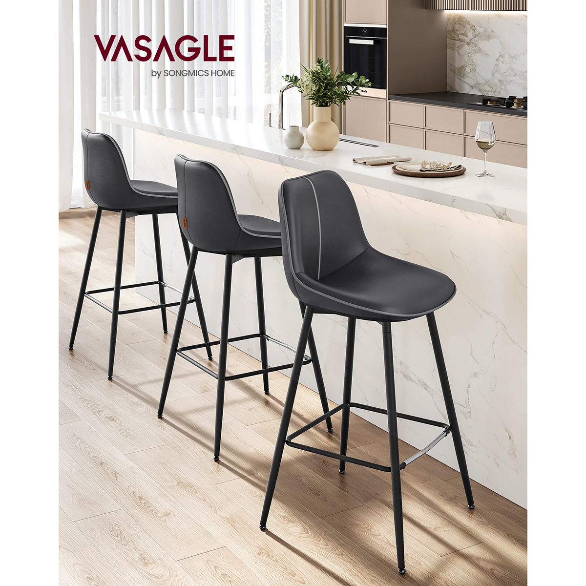 Tabourets de Bar, Lot de 2, Ergonomique, PU, Structure Métallique avec Pieds Réglables Articulés, 73 cm de Hauteur, Noir d'encre