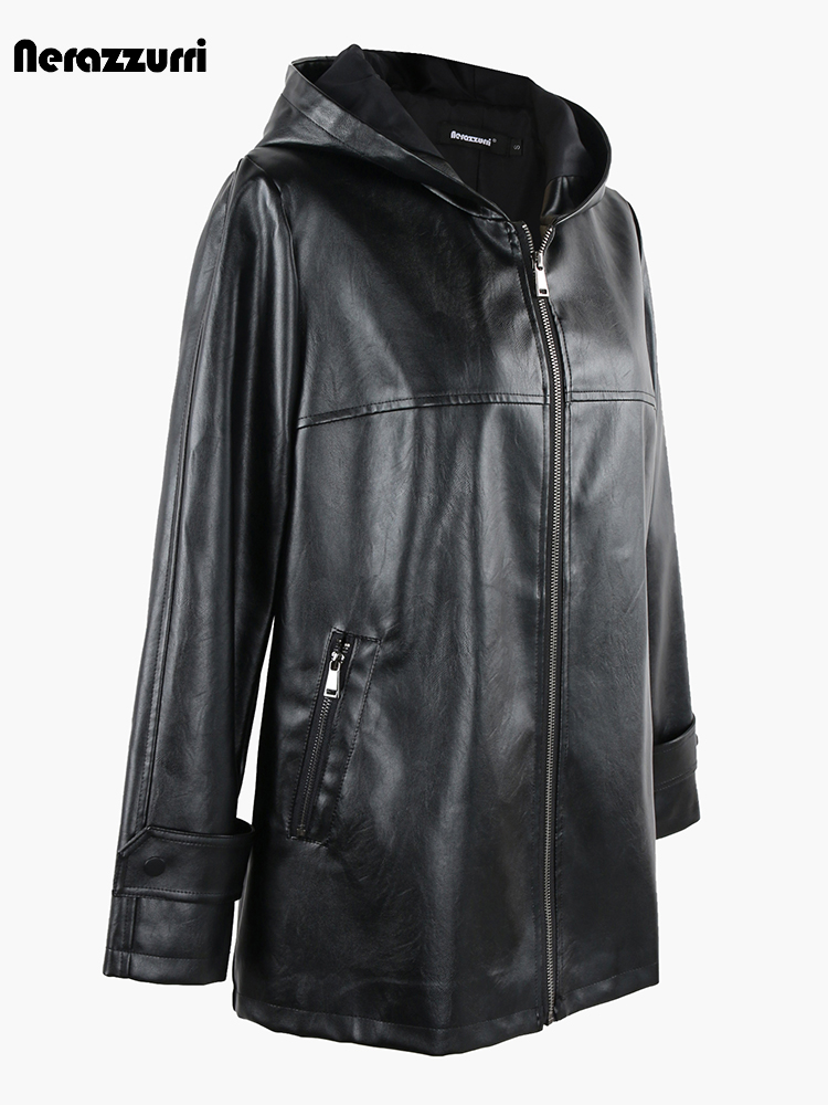 Nerazzurriฤดูใบไม้ผลิฤดูใบไม้ร่วงสีดํากันน้ําน้ําหนักเบาPuหนังแจ็คเก็ตผู้หญิงHoodซิปหลวมสบายๆเสื้อผ้า 2023